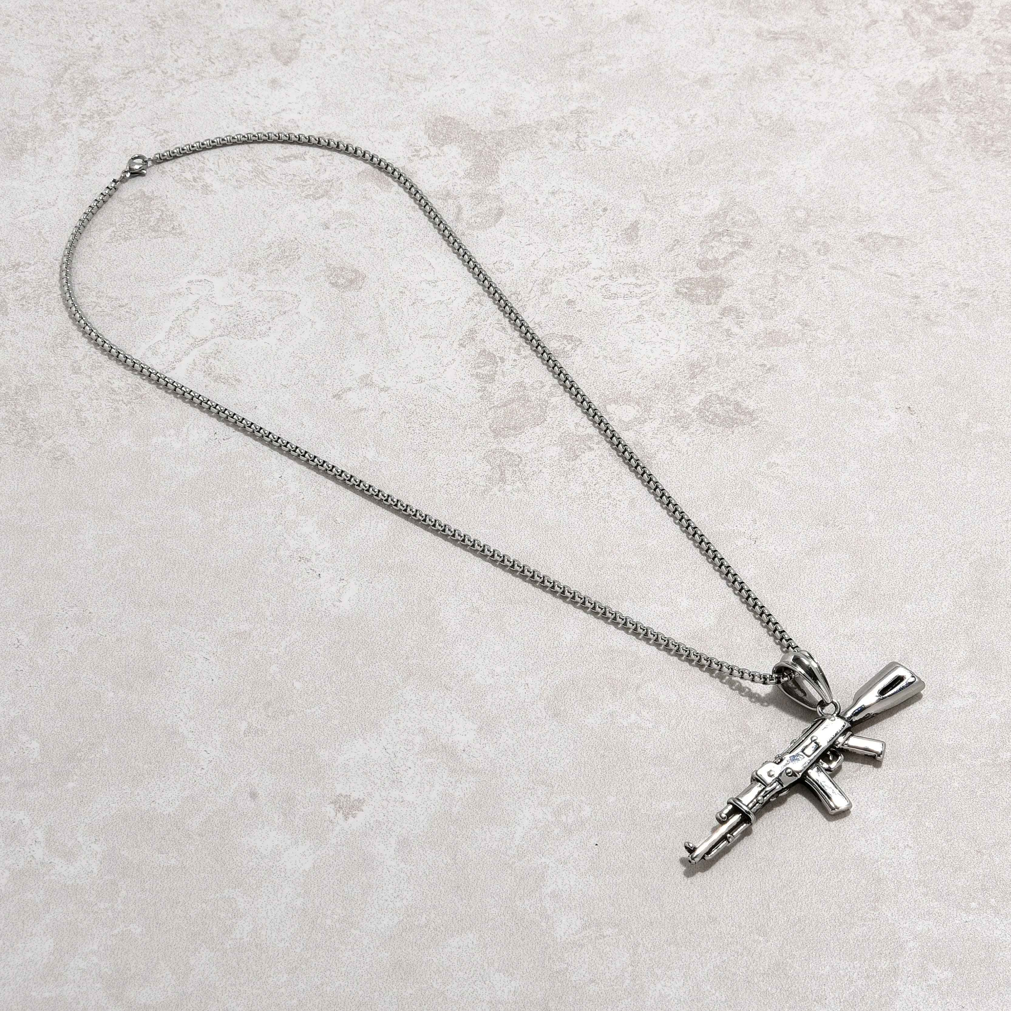 Silver AK-47 Gun Steel Hearts Necklace