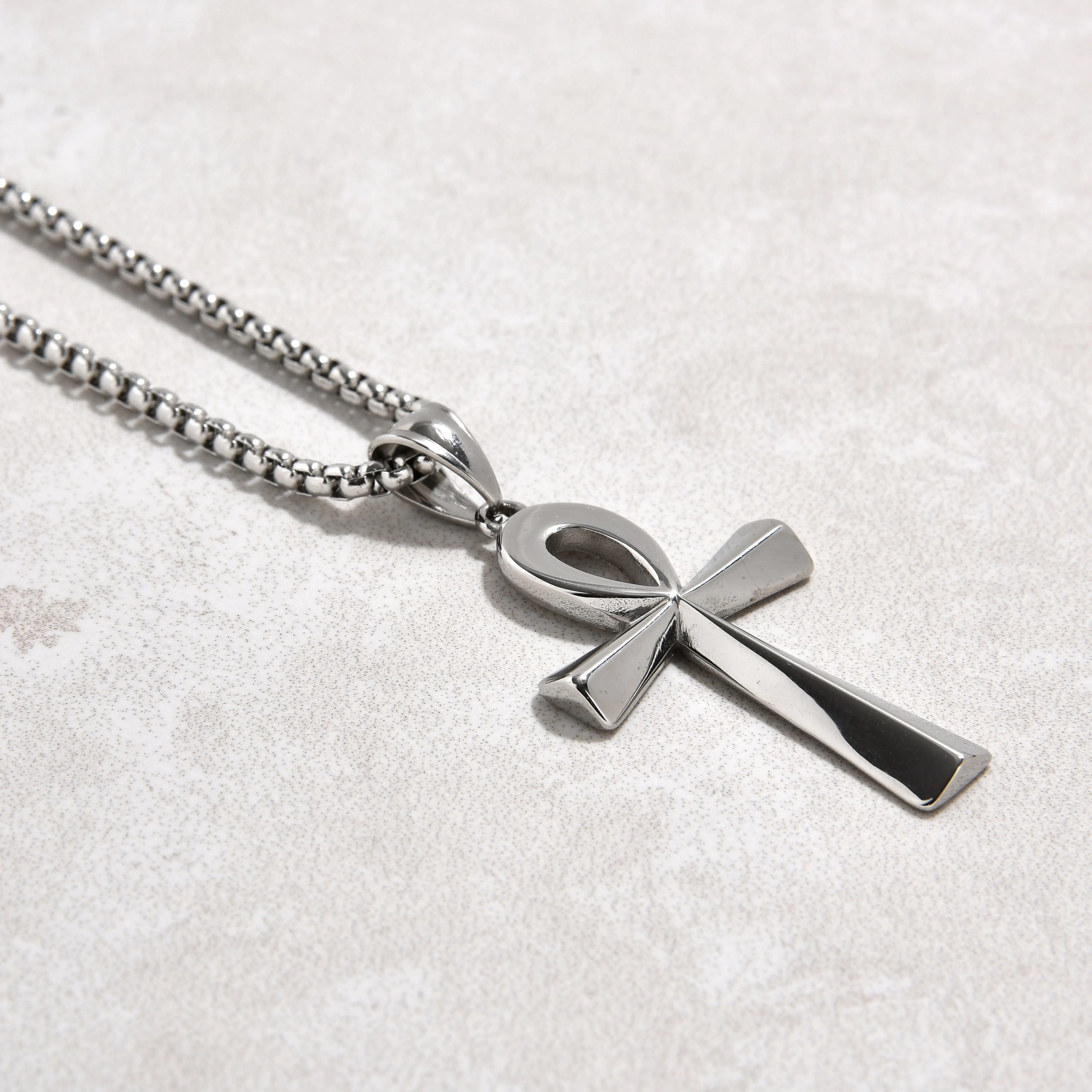 Silver Ankh Cross Steel Hearts Necklace