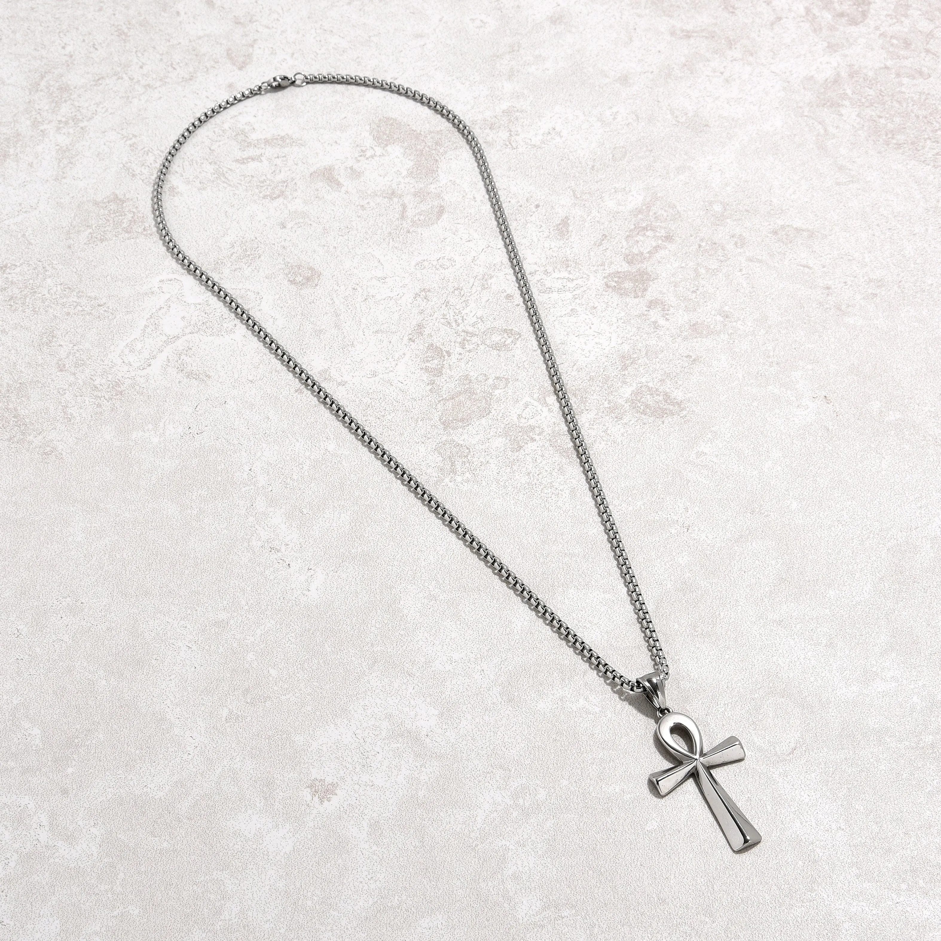 Silver Ankh Cross Steel Hearts Necklace