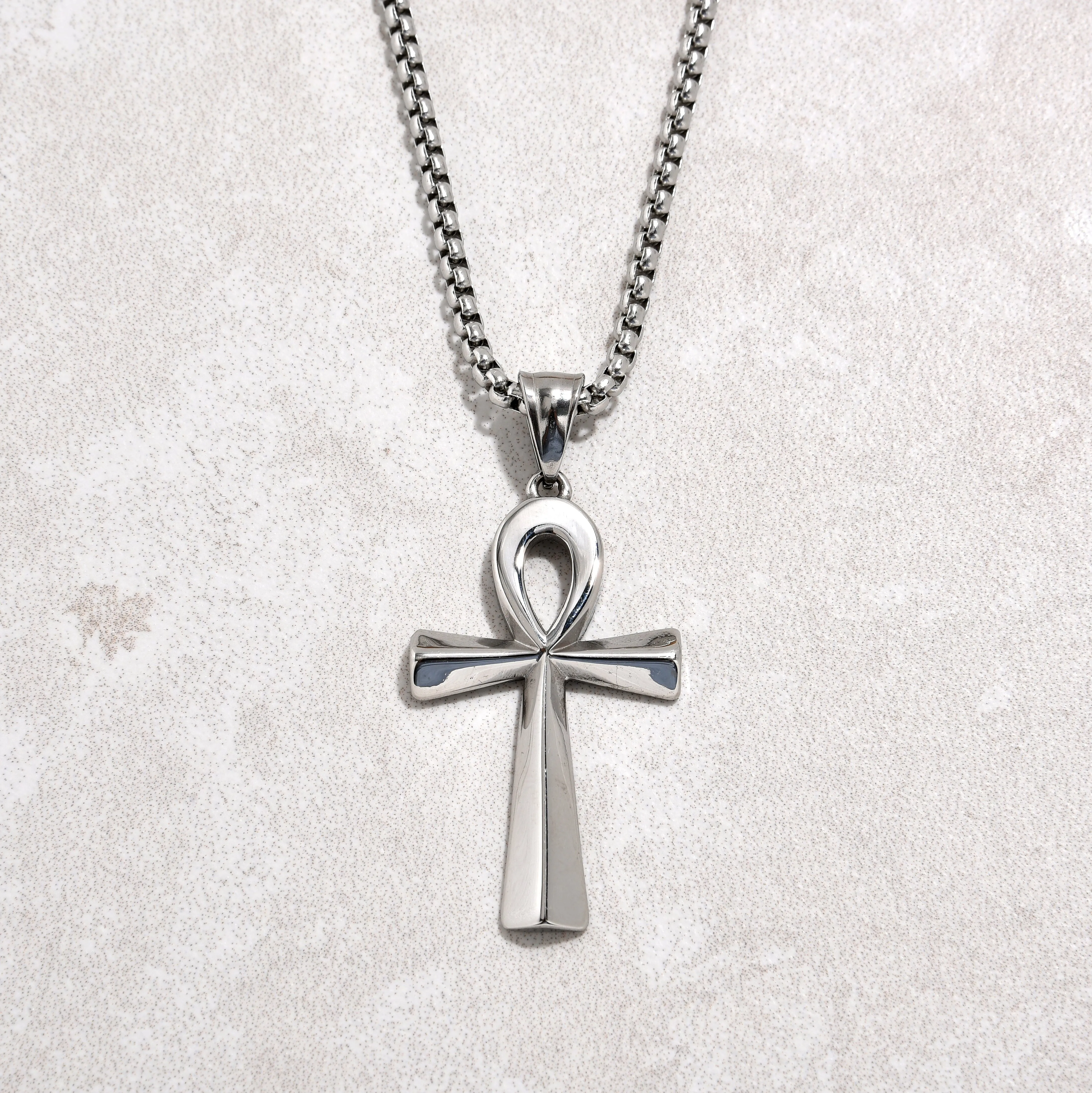 Silver Ankh Cross Steel Hearts Necklace