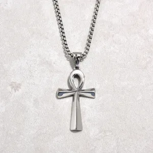 Silver Ankh Cross Steel Hearts Necklace