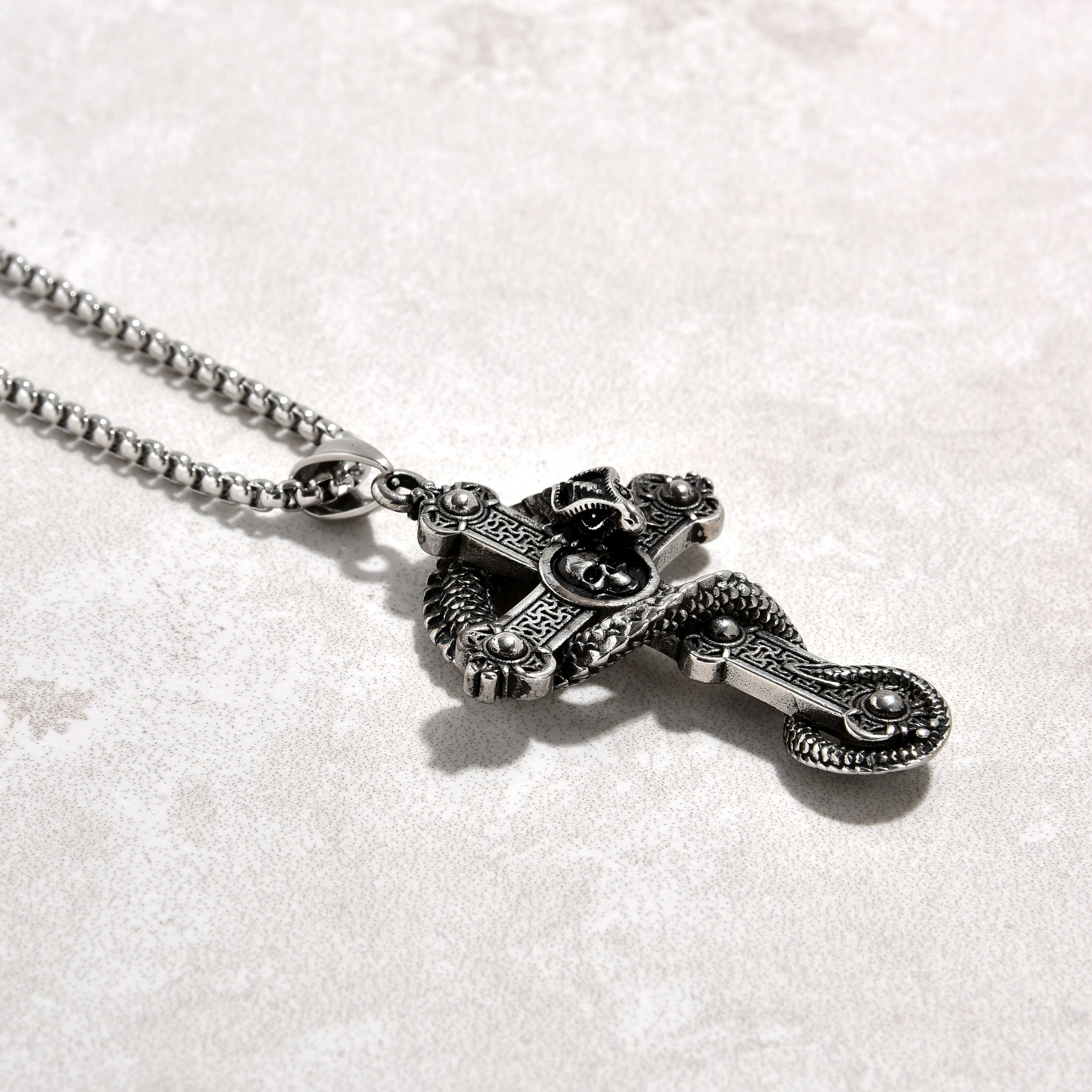Silver Dragon Cross Steel Hearts Necklace