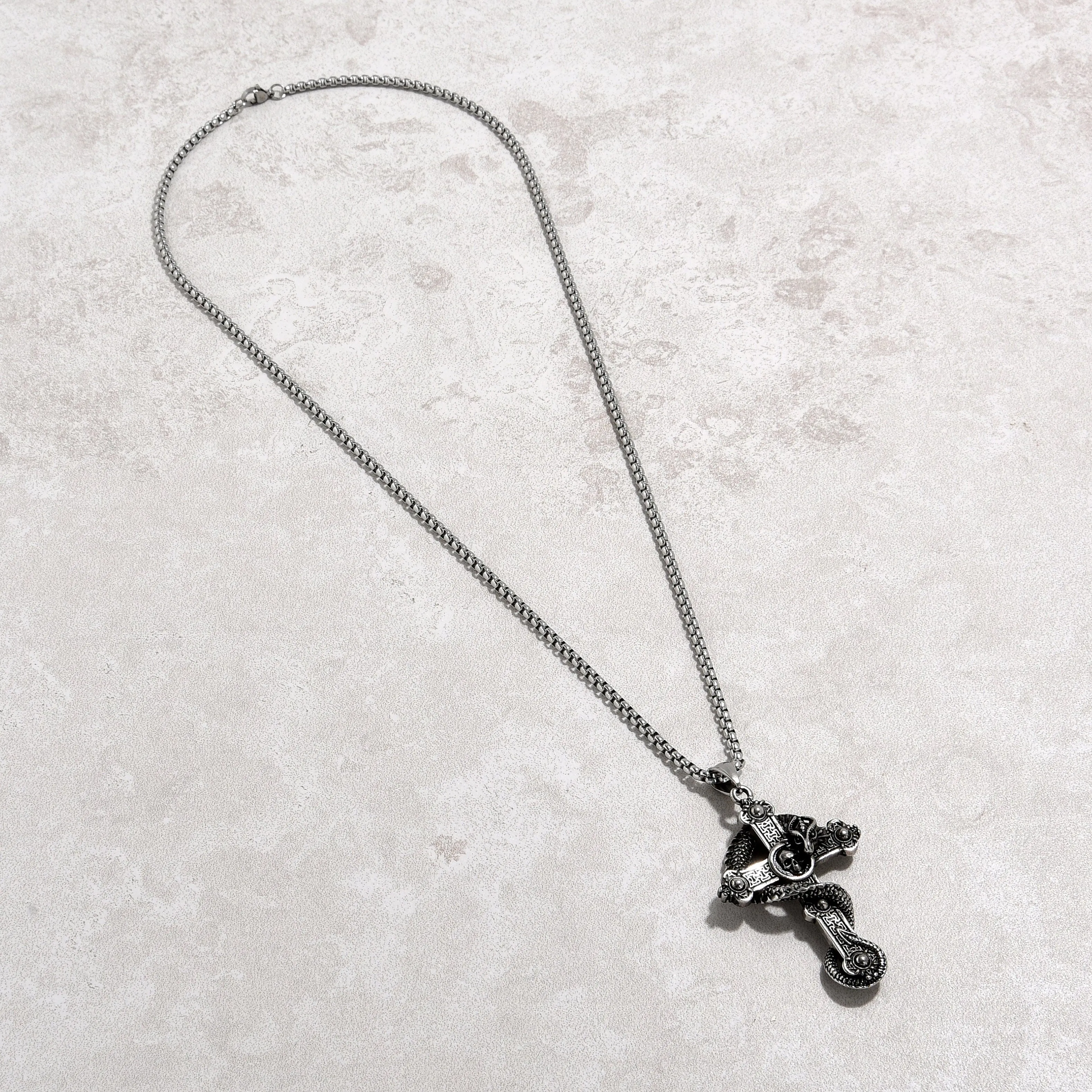 Silver Dragon Cross Steel Hearts Necklace