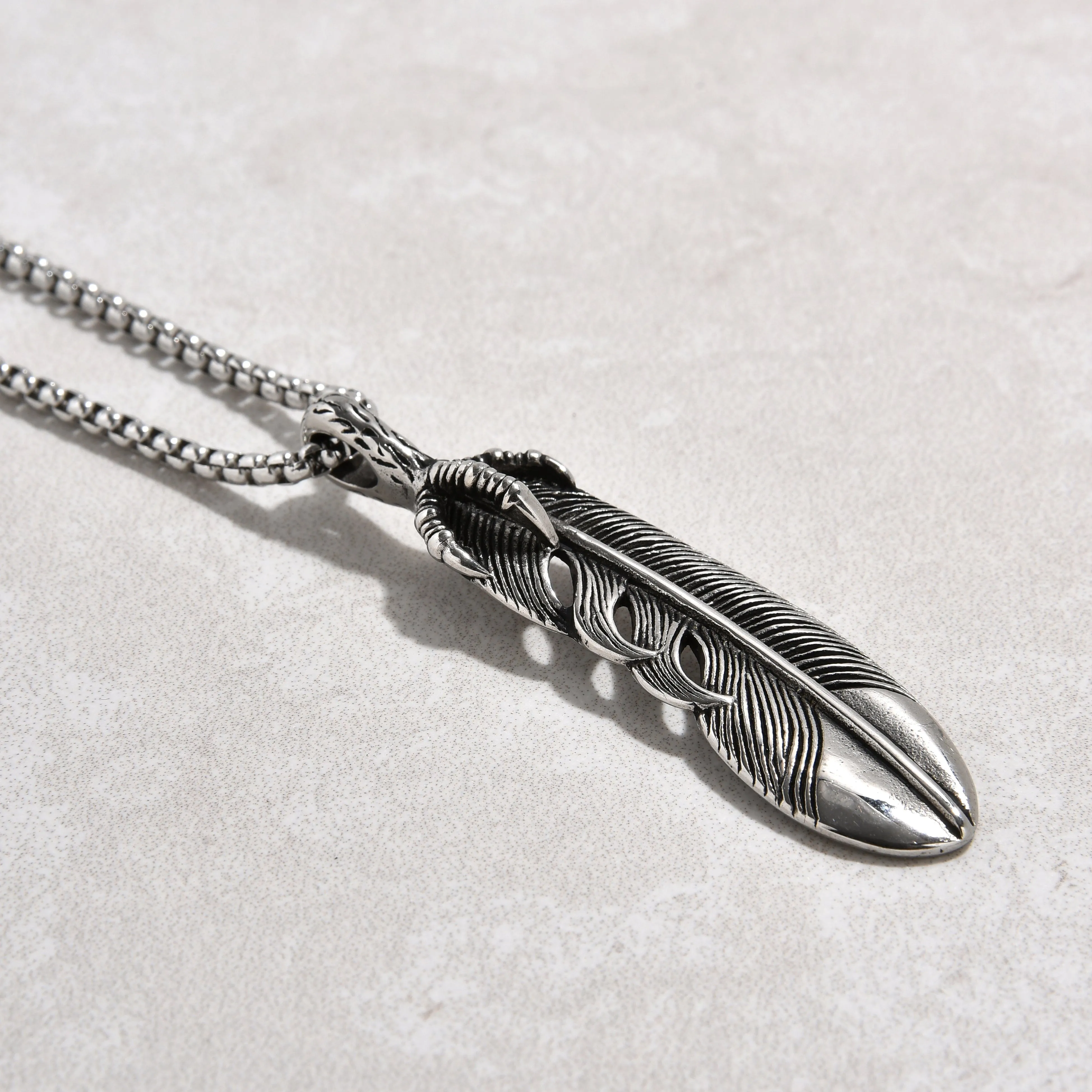 Silver Feather Steel Hearts Necklace