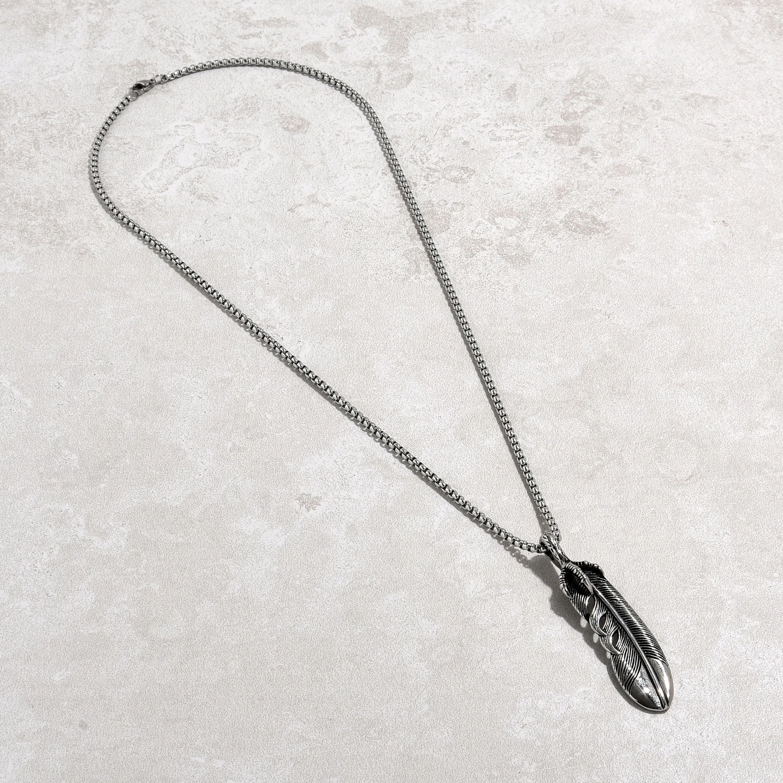 Silver Feather Steel Hearts Necklace