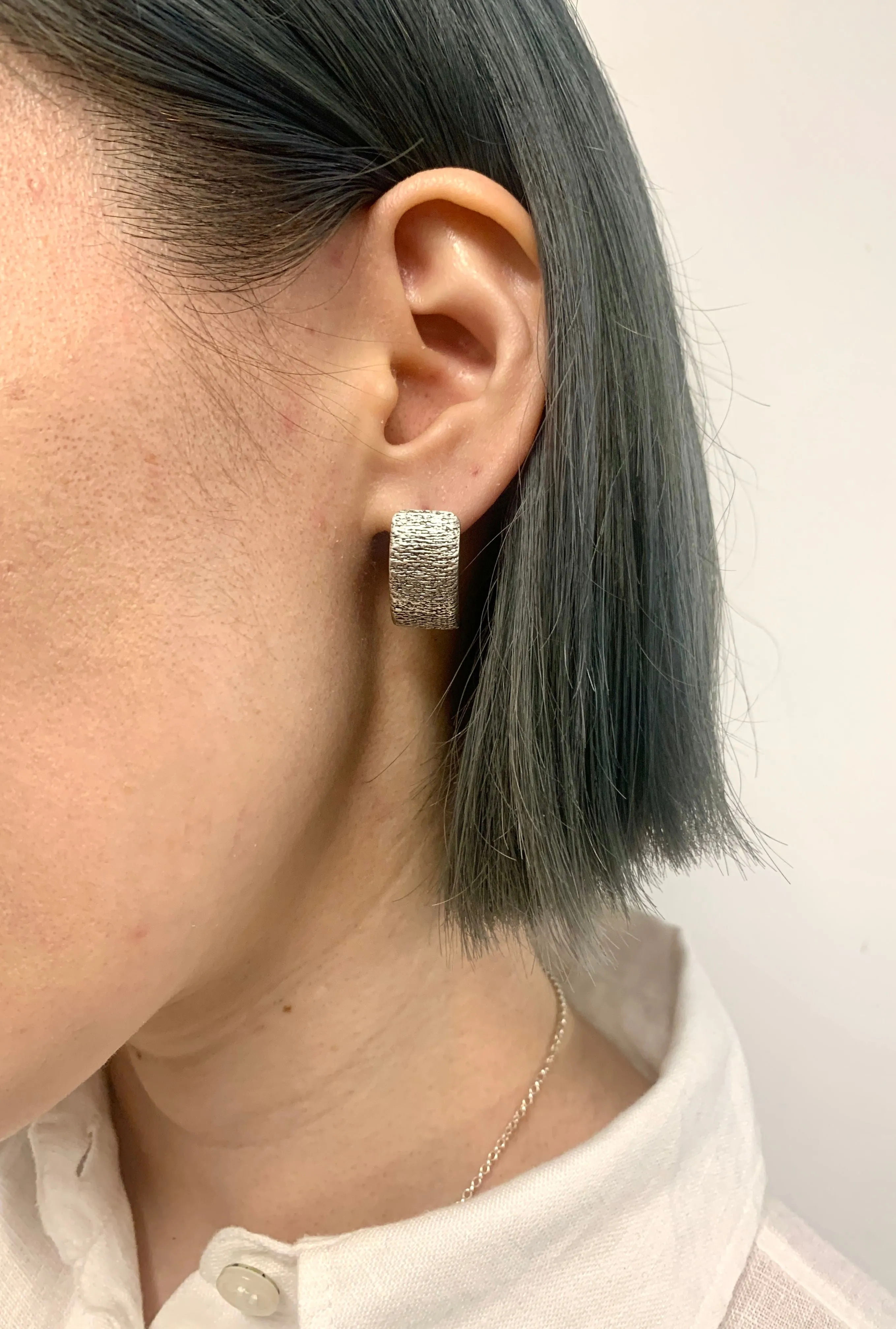Silver Half Hoop Earrings - Silver Textured Earrings - Silver Curved Earrings