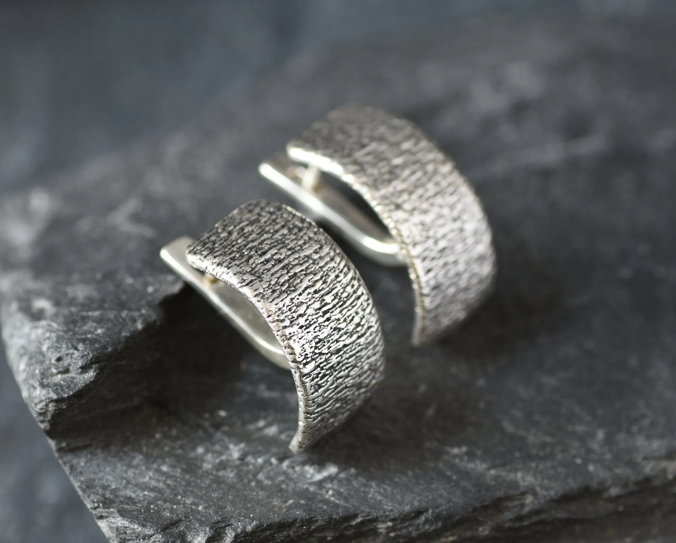 Silver Half Hoop Earrings - Silver Textured Earrings - Silver Curved Earrings