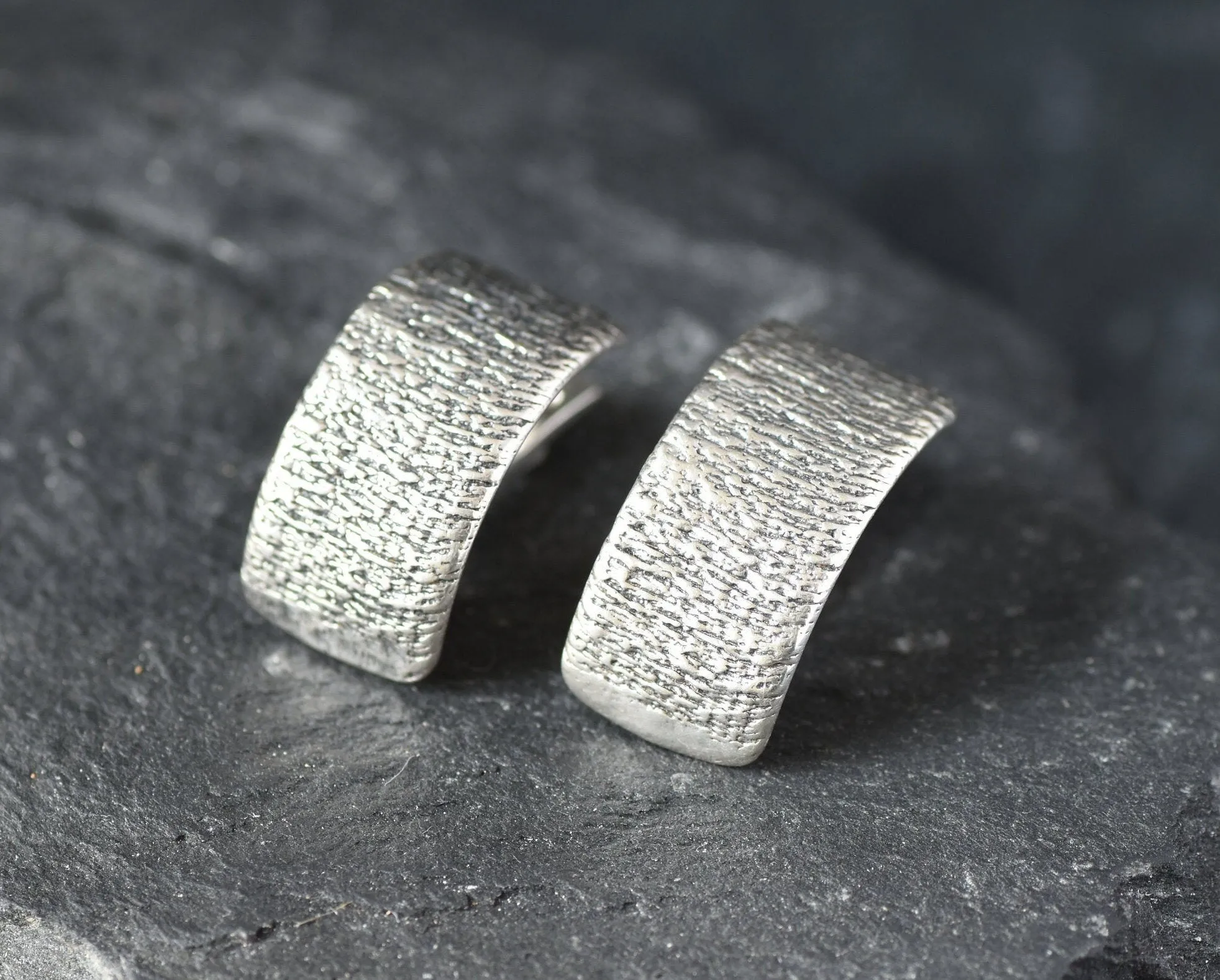 Silver Half Hoop Earrings - Silver Textured Earrings - Silver Curved Earrings