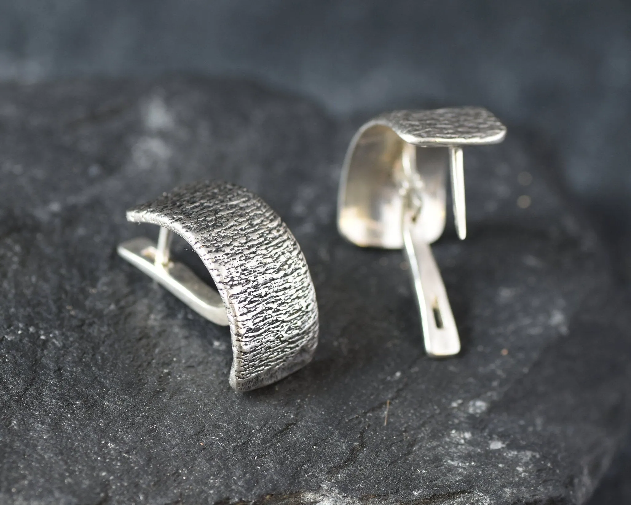 Silver Half Hoop Earrings - Silver Textured Earrings - Silver Curved Earrings