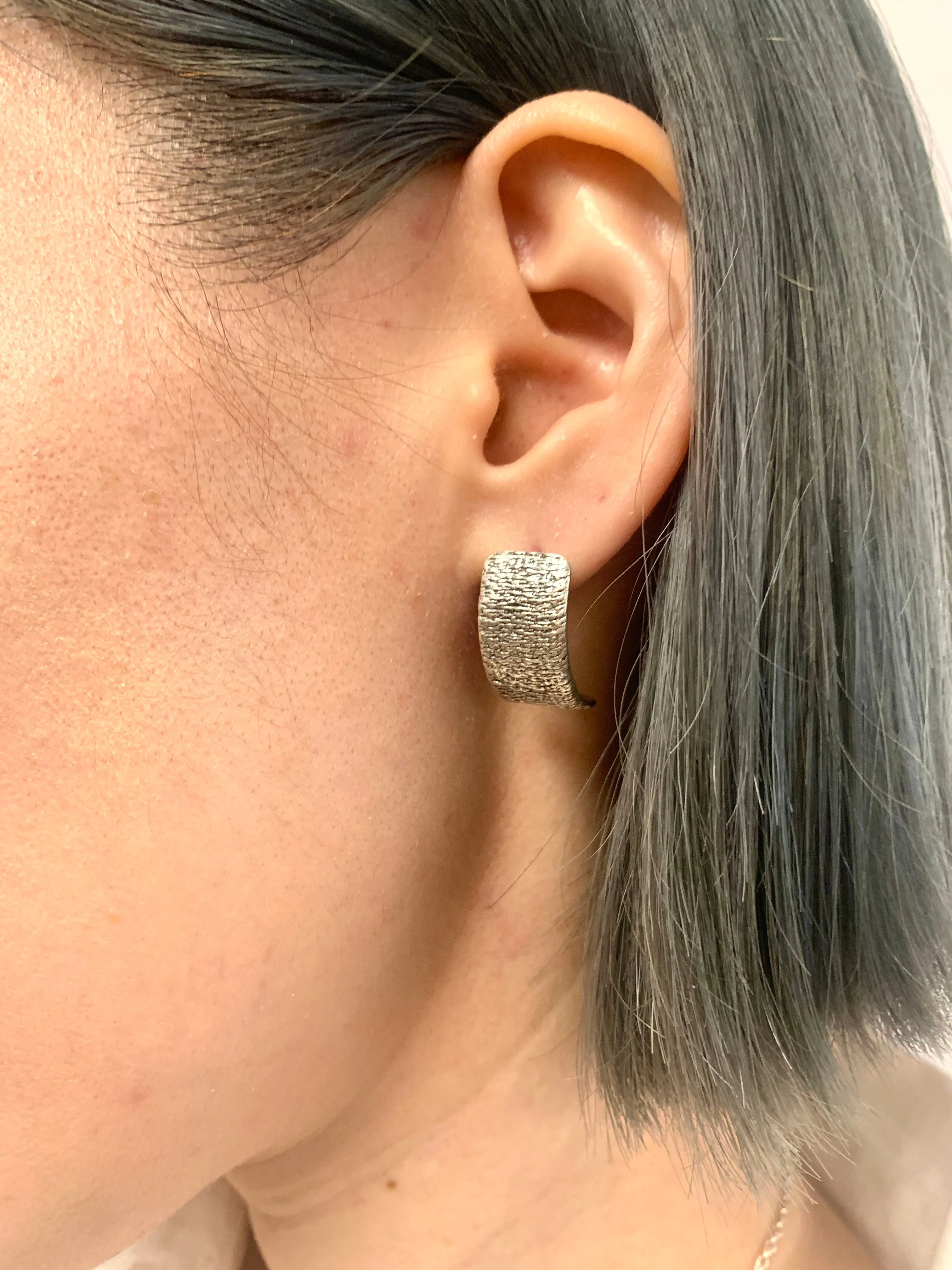 Silver Half Hoop Earrings - Silver Textured Earrings - Silver Curved Earrings