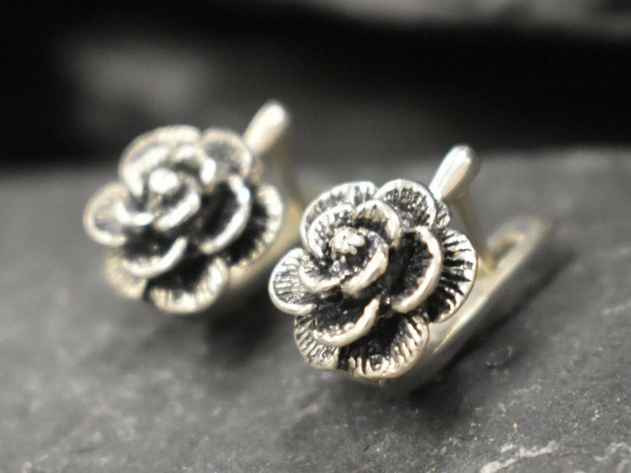 Silver Rose Earrings - Silver Flower Earrings - Vintage Flower Studs