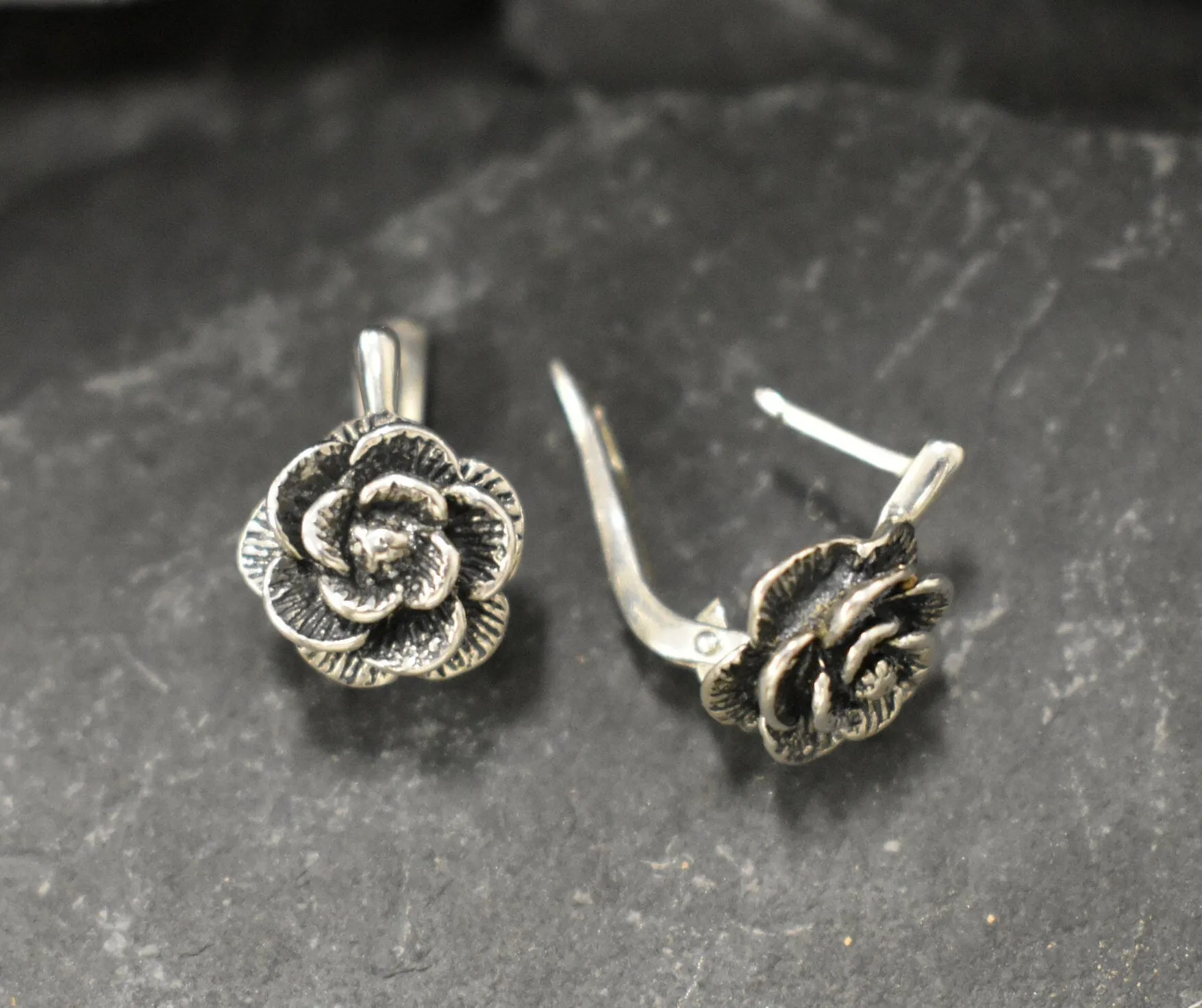 Silver Rose Earrings - Silver Flower Earrings - Vintage Flower Studs