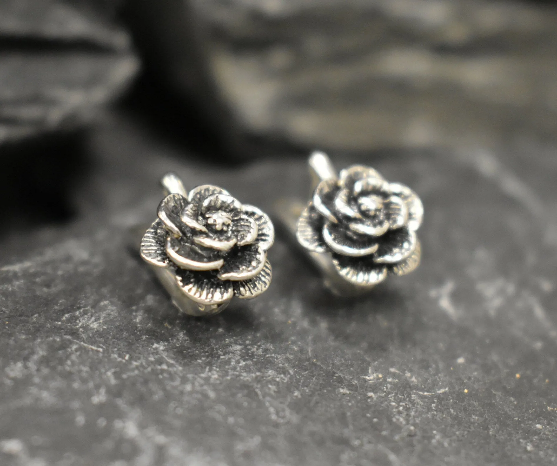 Silver Rose Earrings - Silver Flower Earrings - Vintage Flower Studs