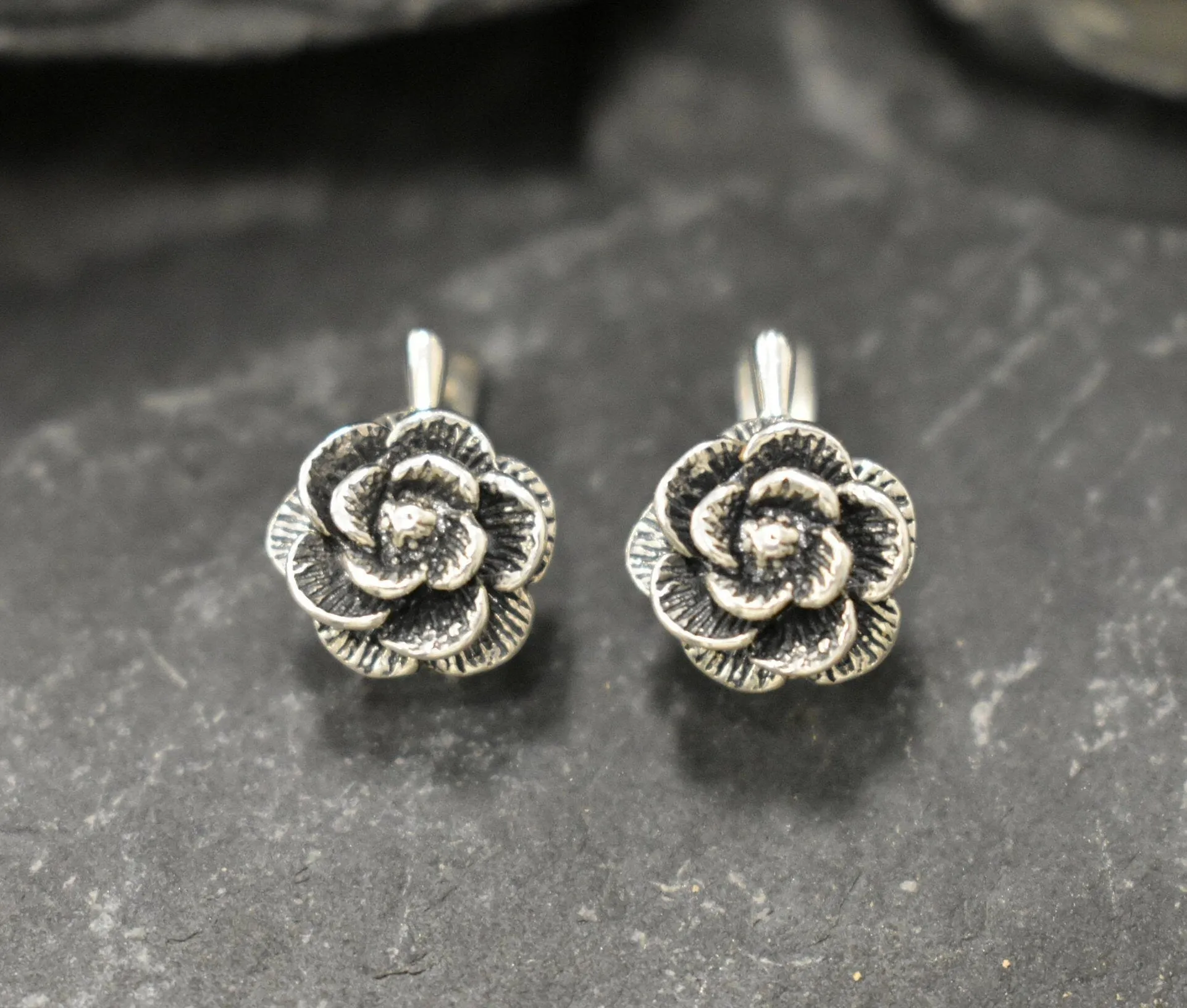 Silver Rose Earrings - Silver Flower Earrings - Vintage Flower Studs