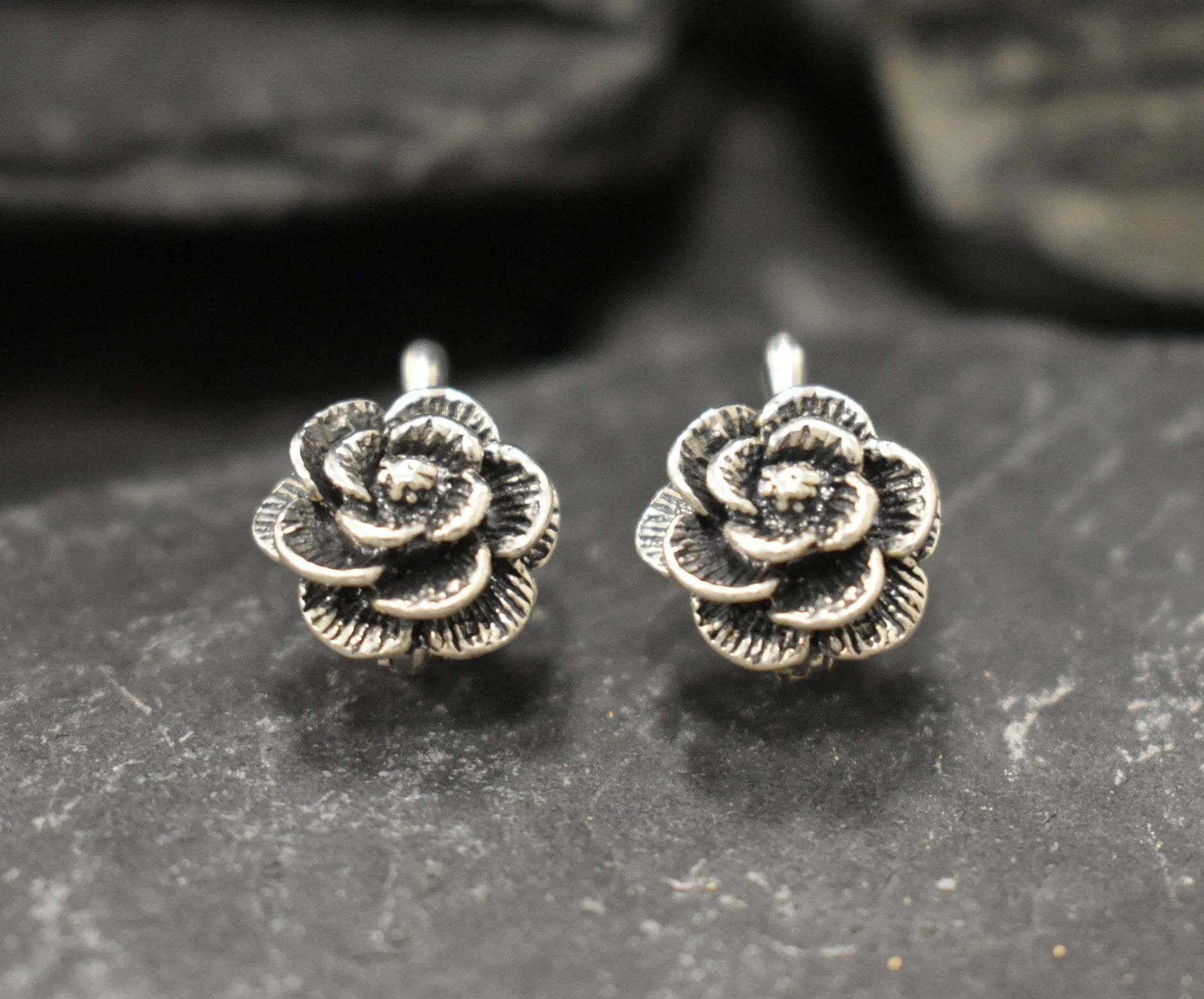 Silver Rose Earrings - Silver Flower Earrings - Vintage Flower Studs