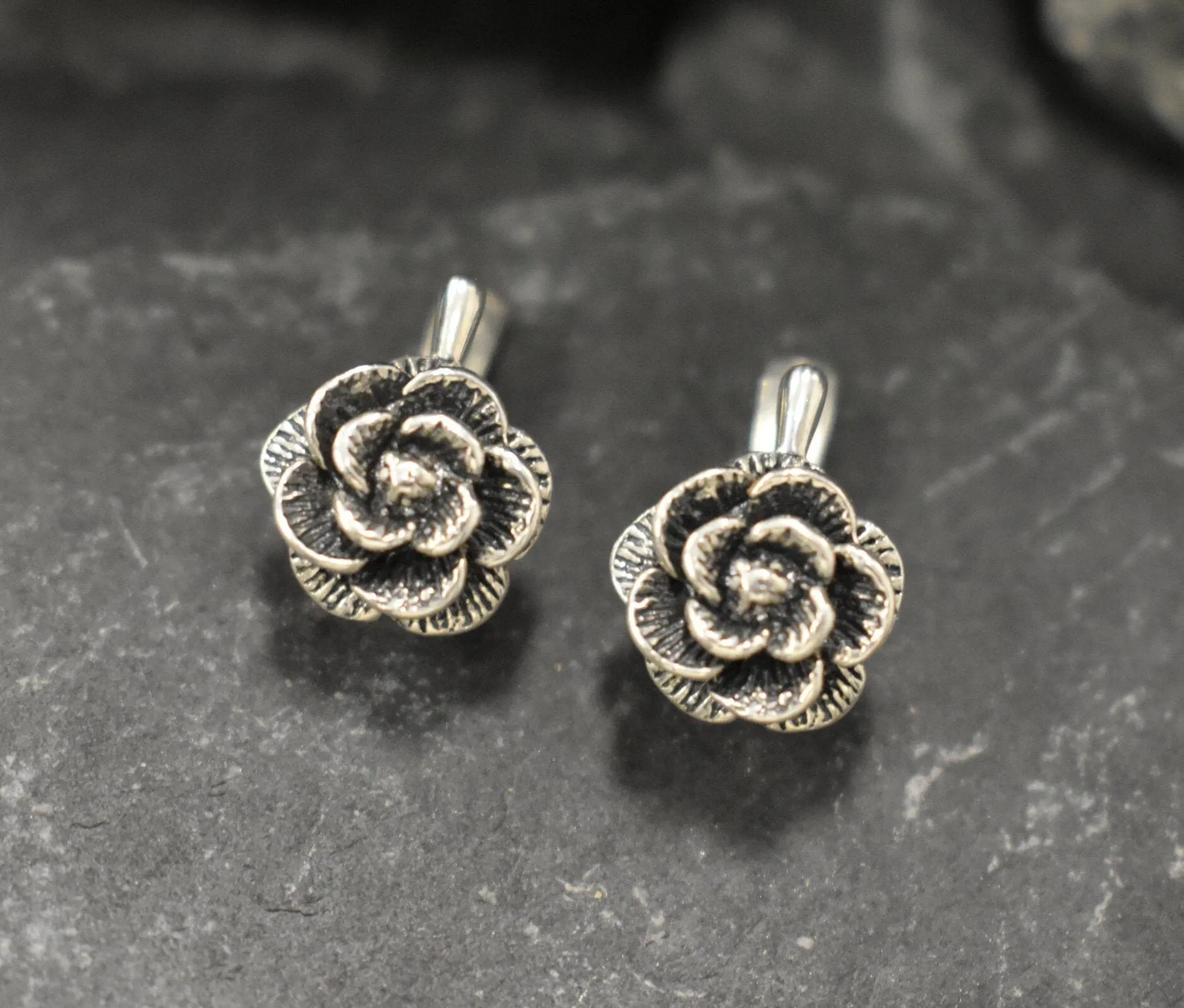 Silver Rose Earrings - Silver Flower Earrings - Vintage Flower Studs