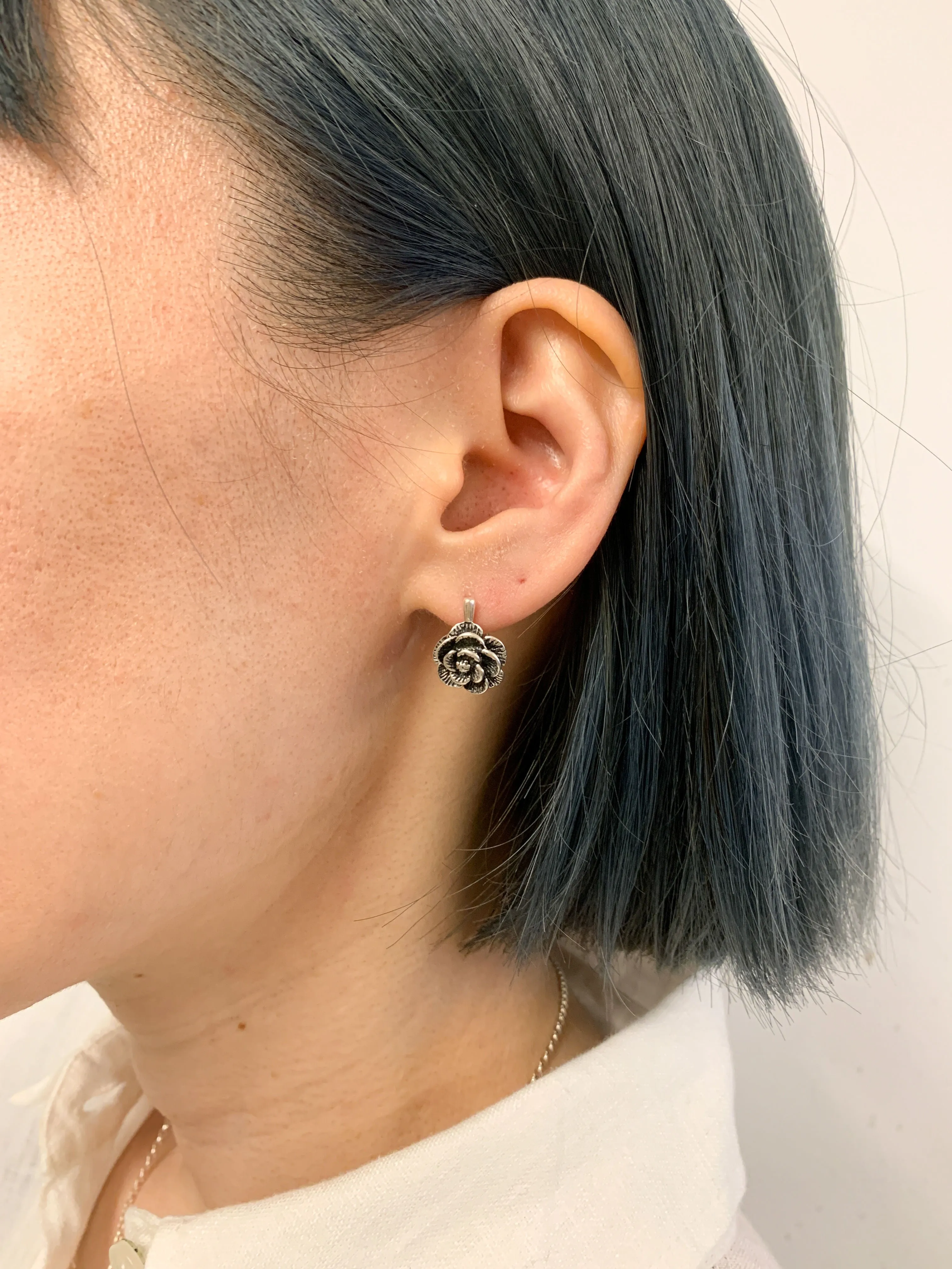 Silver Rose Earrings - Silver Flower Earrings - Vintage Flower Studs