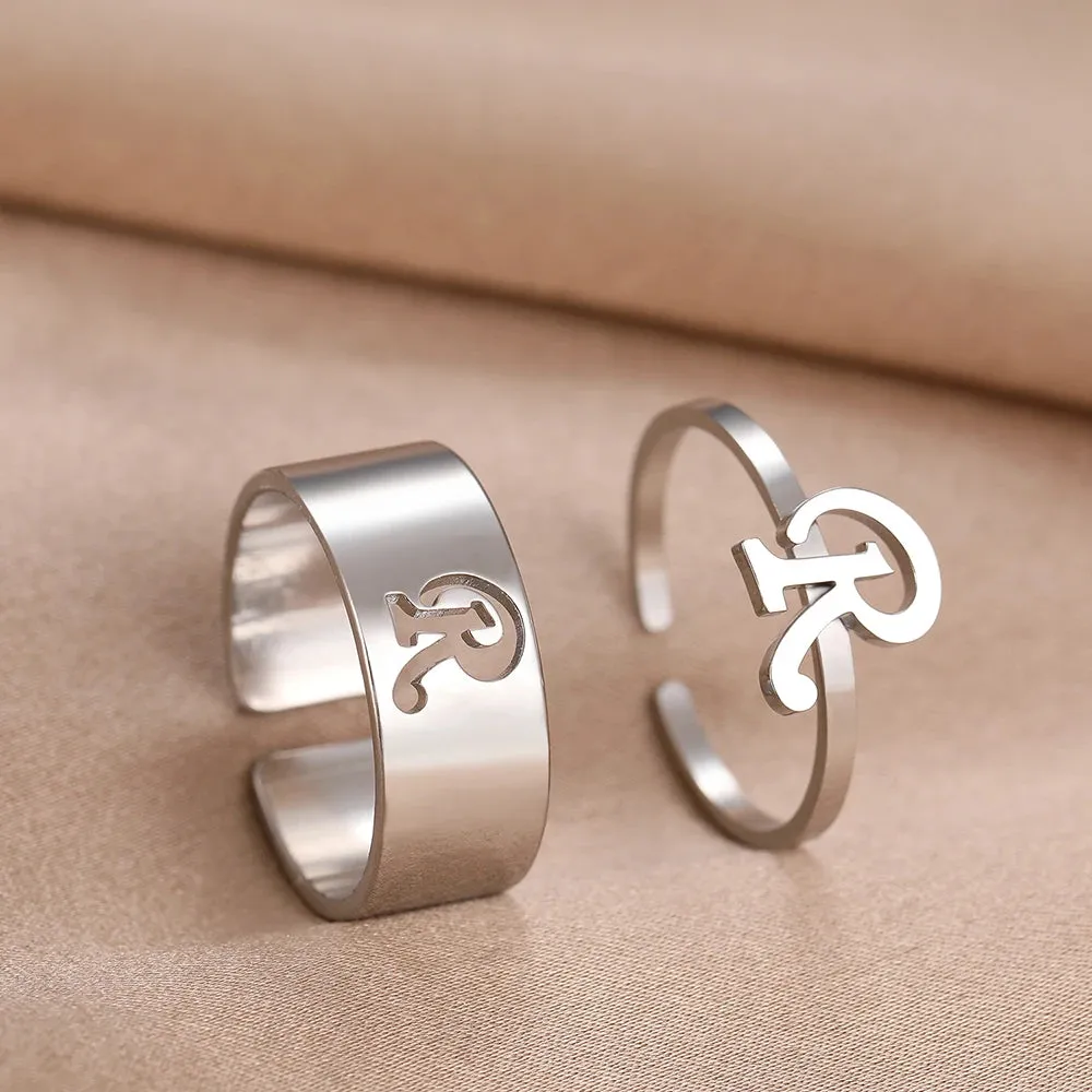 Stainless Steel Rings 26 A-Z Letters Goth Fashion Adjustable Couple Ring For Women Jewelry Wedding Forever Kpop Gifts 2Pcs/set