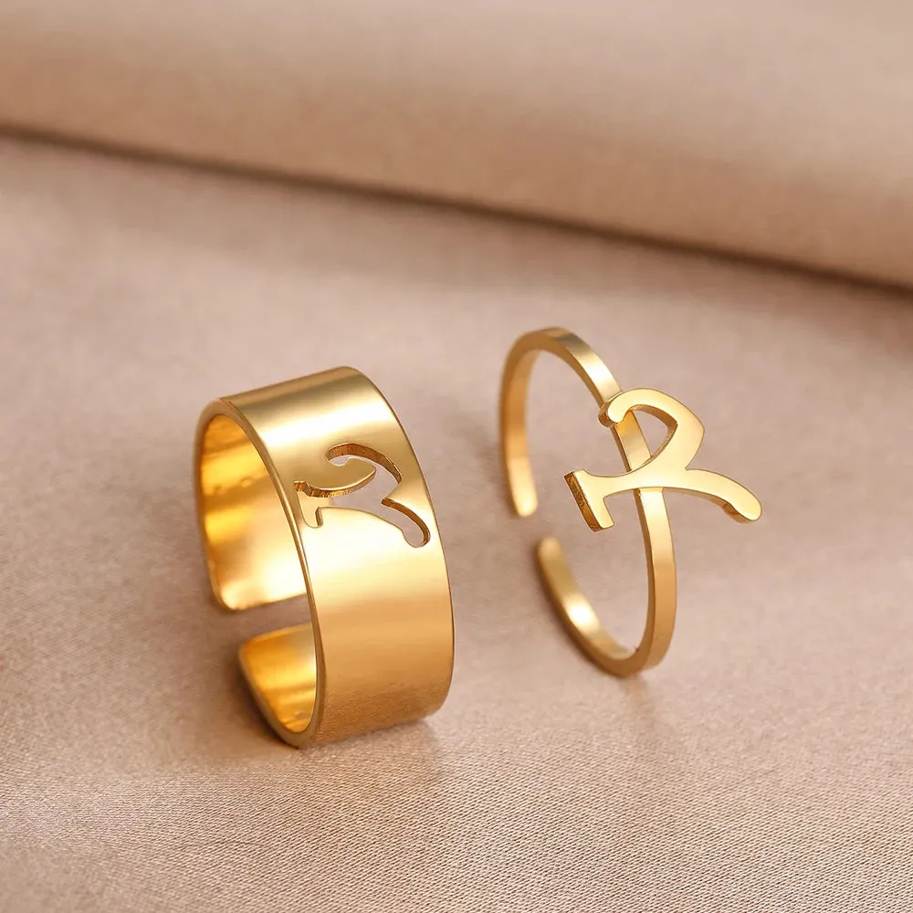 Stainless Steel Rings 26 A-Z Letters Goth Fashion Adjustable Couple Ring For Women Jewelry Wedding Forever Kpop Gifts 2Pcs/set