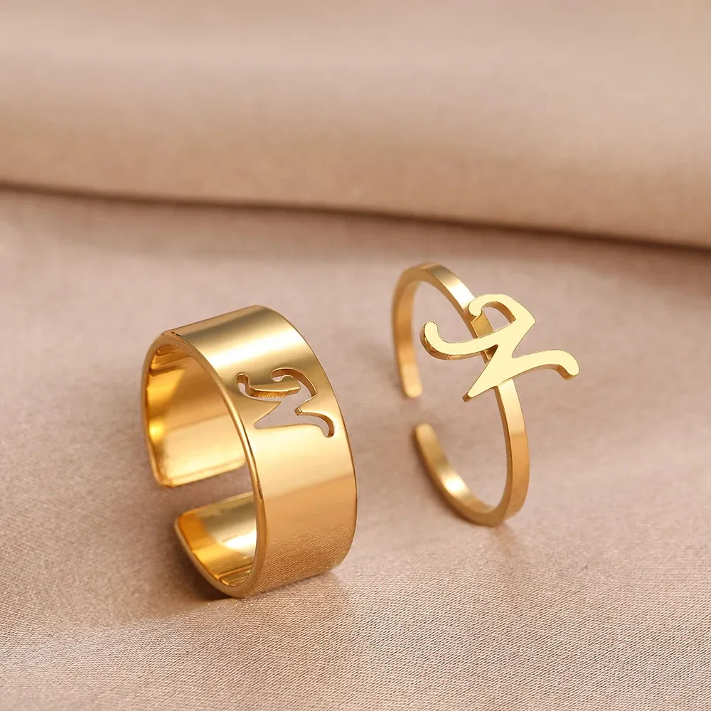 Stainless Steel Rings 26 A-Z Letters Goth Fashion Adjustable Couple Ring For Women Jewelry Wedding Forever Kpop Gifts 2Pcs/set