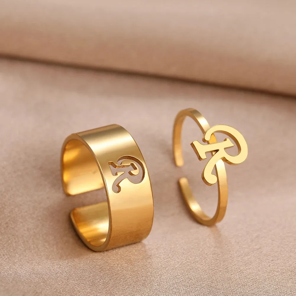 Stainless Steel Rings 26 A-Z Letters Goth Fashion Adjustable Couple Ring For Women Jewelry Wedding Forever Kpop Gifts 2Pcs/set
