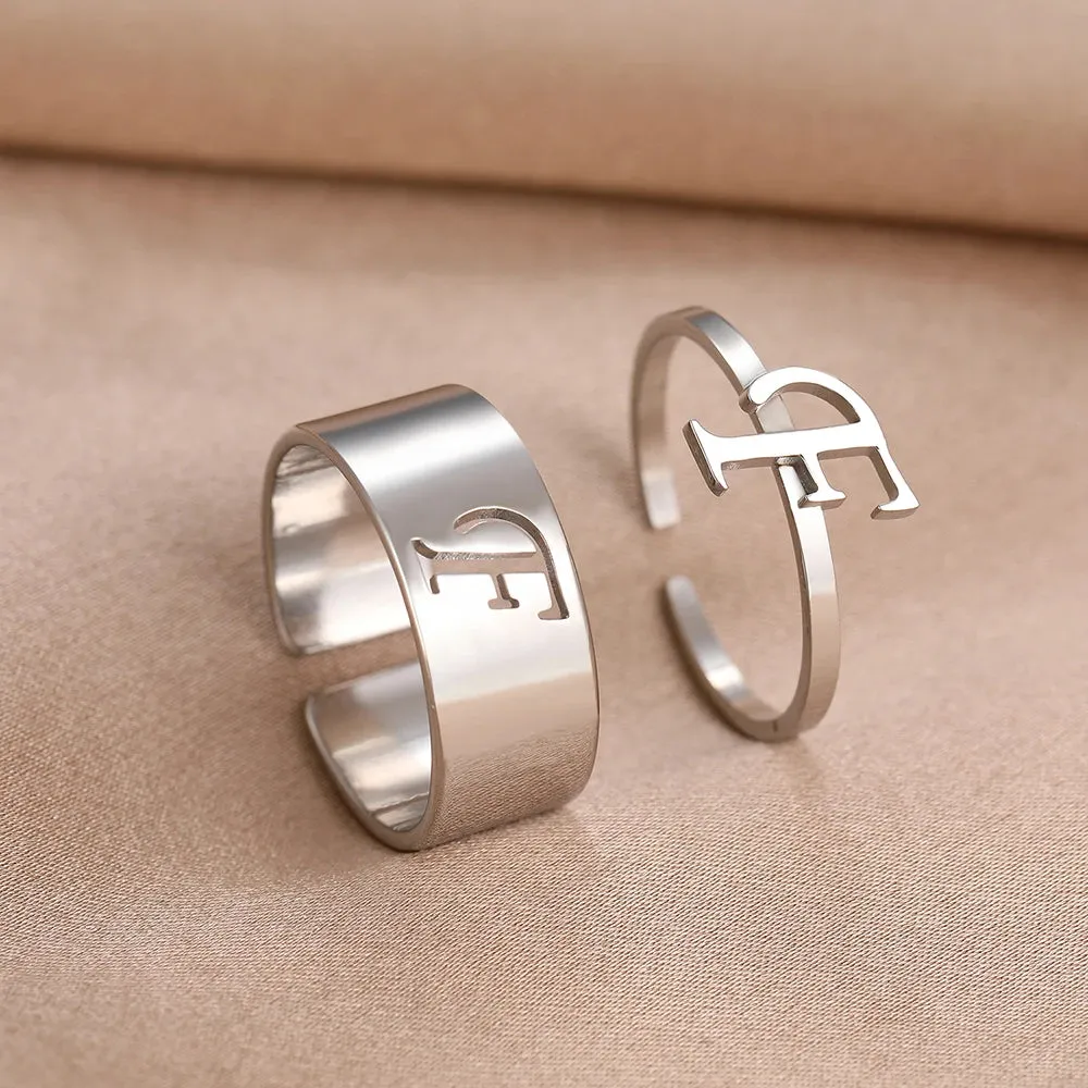 Stainless Steel Rings 26 A-Z Letters Goth Fashion Adjustable Couple Ring For Women Jewelry Wedding Forever Kpop Gifts 2Pcs/set