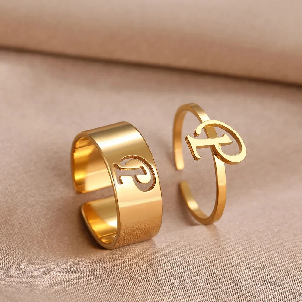Stainless Steel Rings 26 A-Z Letters Goth Fashion Adjustable Couple Ring For Women Jewelry Wedding Forever Kpop Gifts 2Pcs/set