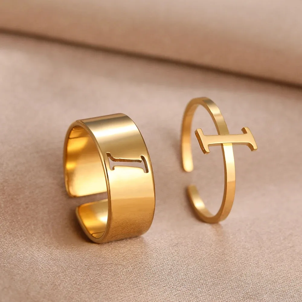 Stainless Steel Rings 26 A-Z Letters Goth Fashion Adjustable Couple Ring For Women Jewelry Wedding Forever Kpop Gifts 2Pcs/set