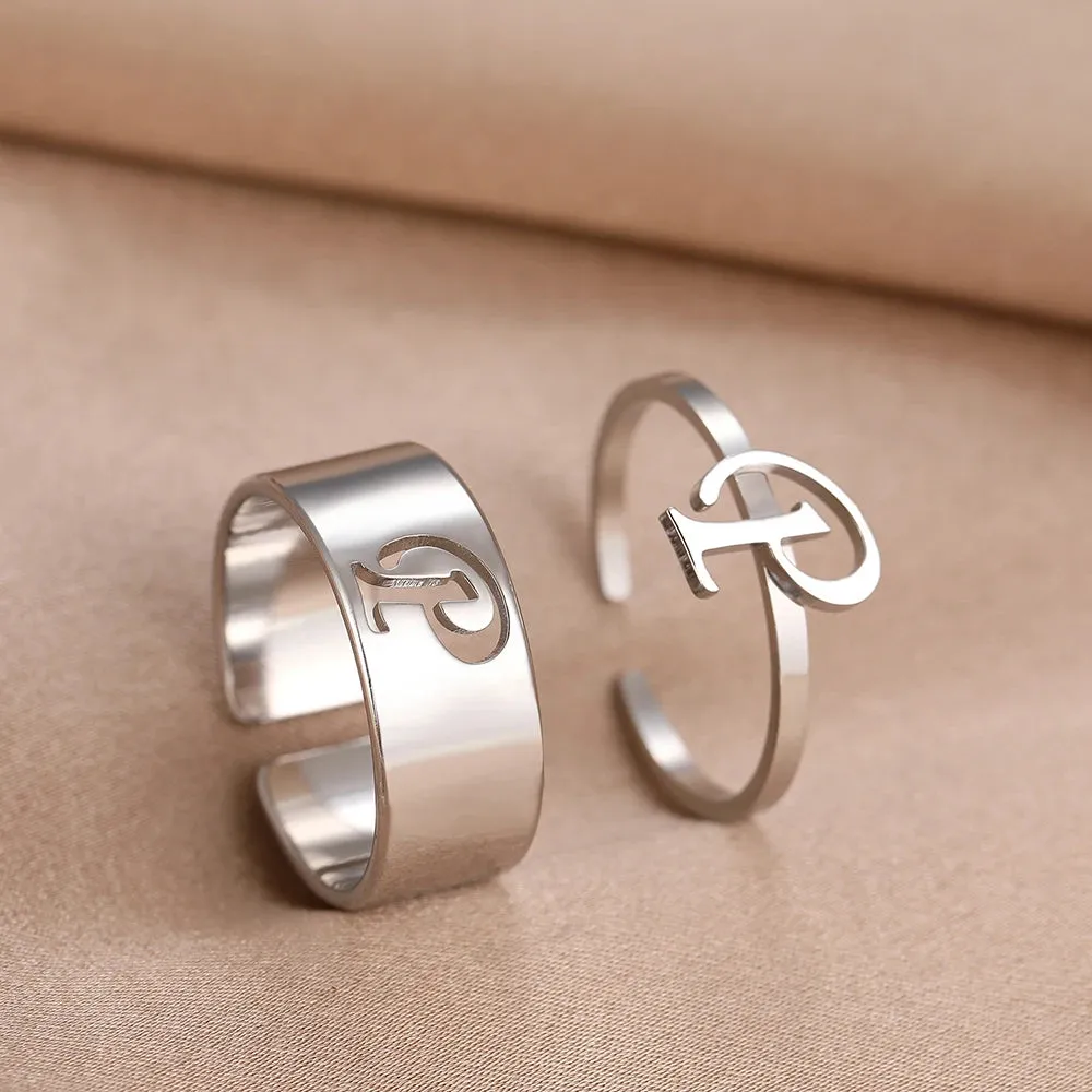 Stainless Steel Rings 26 A-Z Letters Goth Fashion Adjustable Couple Ring For Women Jewelry Wedding Forever Kpop Gifts 2Pcs/set