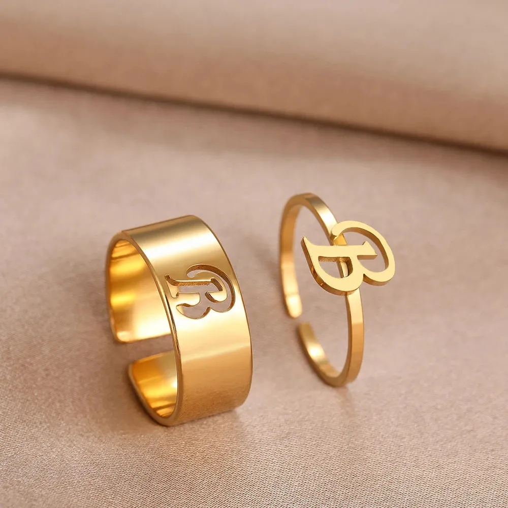 Stainless Steel Rings 26 A-Z Letters Goth Fashion Adjustable Couple Ring For Women Jewelry Wedding Forever Kpop Gifts 2Pcs/set