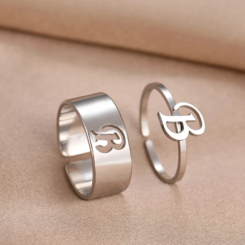 Stainless Steel Rings 26 A-Z Letters Goth Fashion Adjustable Couple Ring For Women Jewelry Wedding Forever Kpop Gifts 2Pcs/set