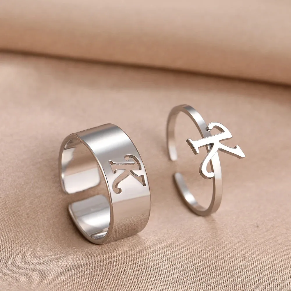 Stainless Steel Rings 26 A-Z Letters Goth Fashion Adjustable Couple Ring For Women Jewelry Wedding Forever Kpop Gifts 2Pcs/set