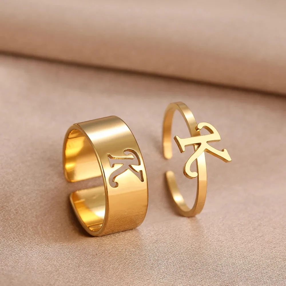 Stainless Steel Rings 26 A-Z Letters Goth Fashion Adjustable Couple Ring For Women Jewelry Wedding Forever Kpop Gifts 2Pcs/set