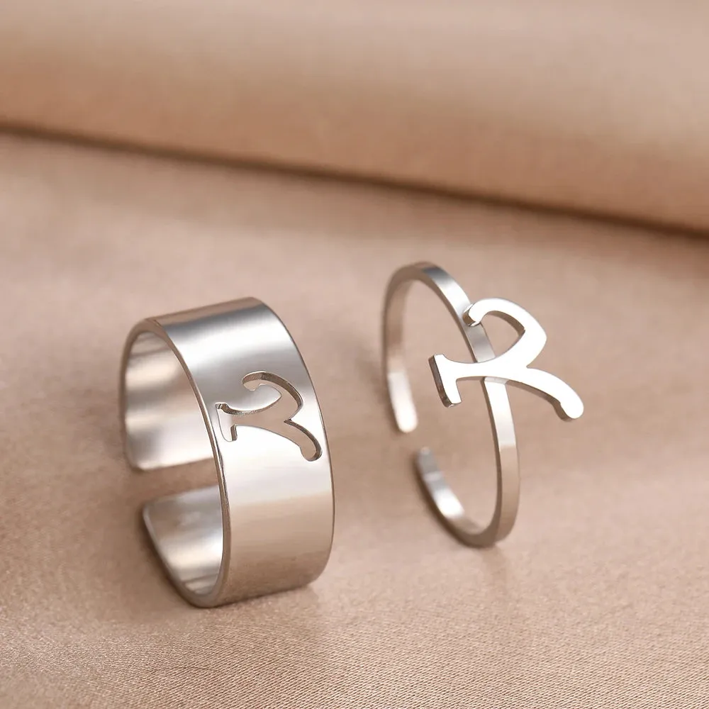 Stainless Steel Rings 26 A-Z Letters Goth Fashion Adjustable Couple Ring For Women Jewelry Wedding Forever Kpop Gifts 2Pcs/set