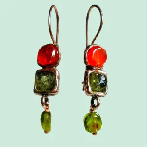 Sterling Silver Earrings, Roman Glass Earrings cornelian, Peridot