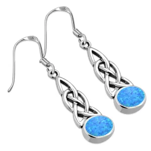 Synthetic Blue Opal Celtic Knot Silver Earrings
