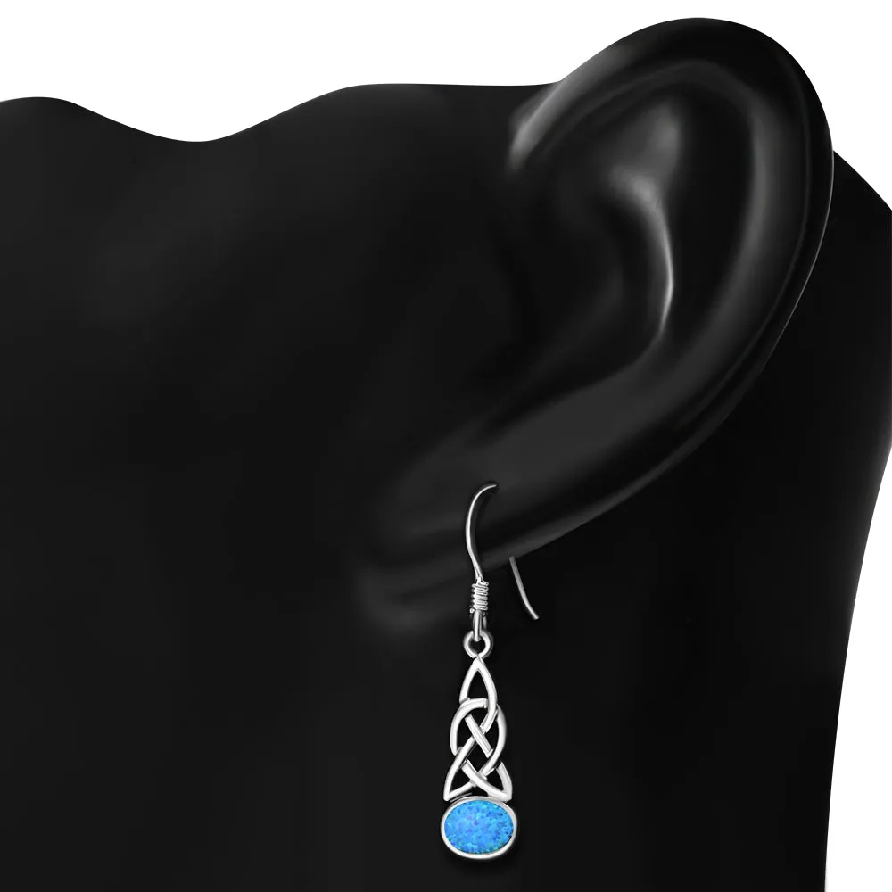 Synthetic Blue Opal Celtic Knot Silver Earrings