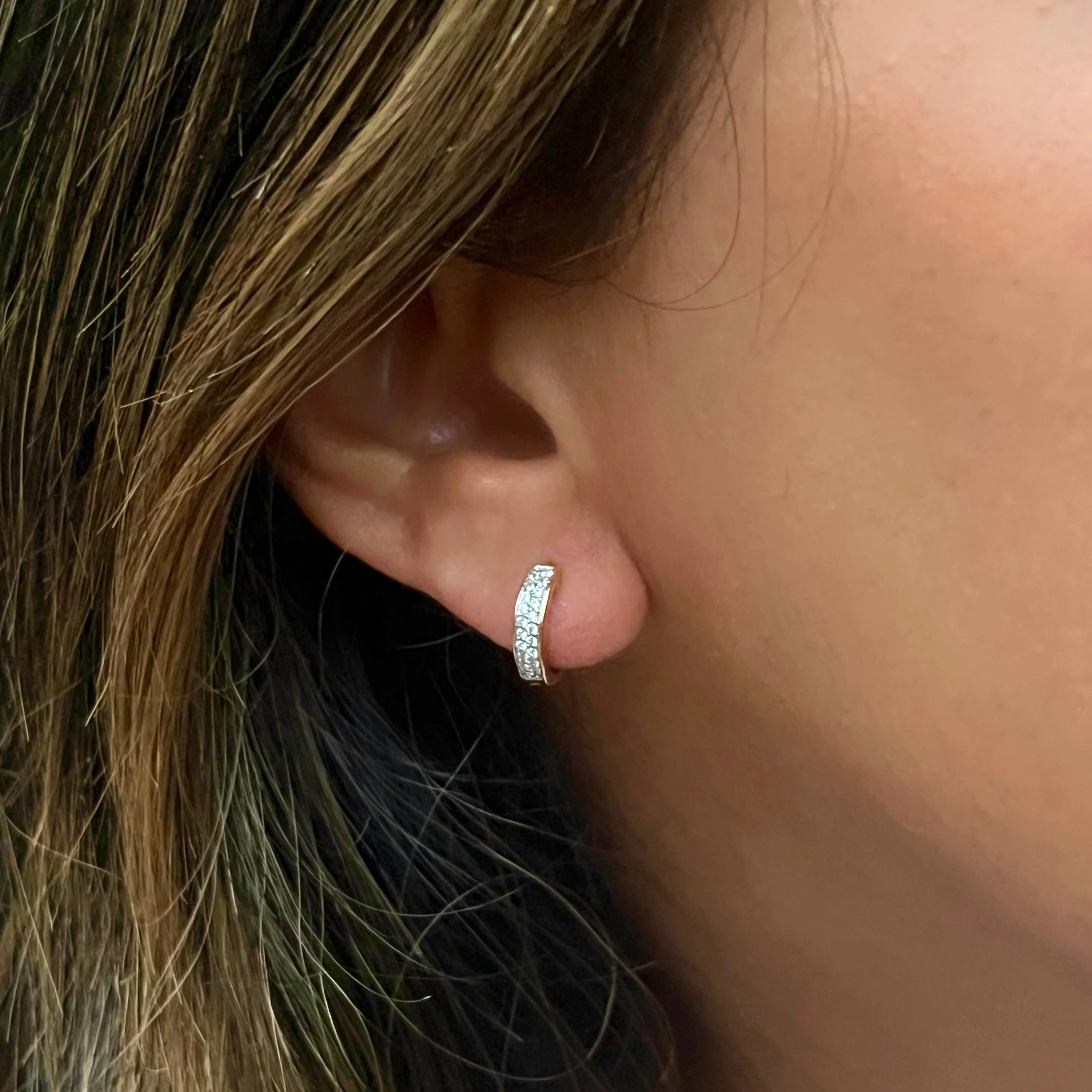 Two Row CZ and Silver Huggie Earrings