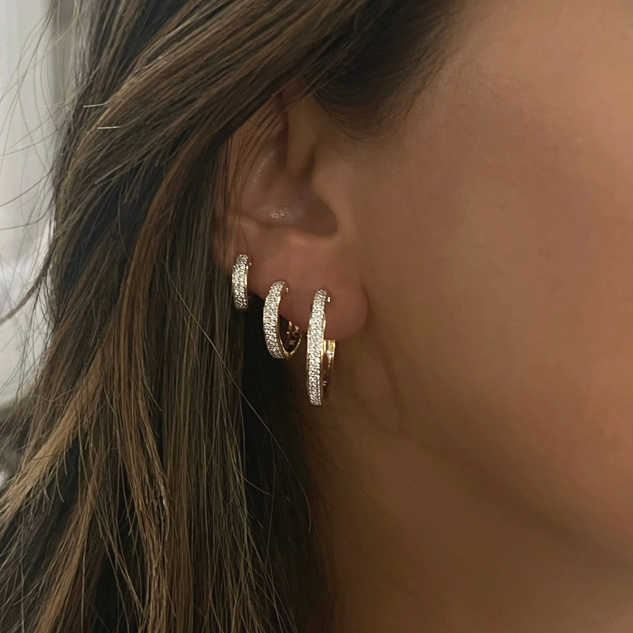 Two Row CZ and Silver Huggie Earrings