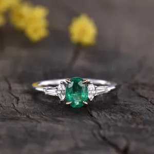 Two Tone Natural Oval Emerald Diamond Engagement Ring