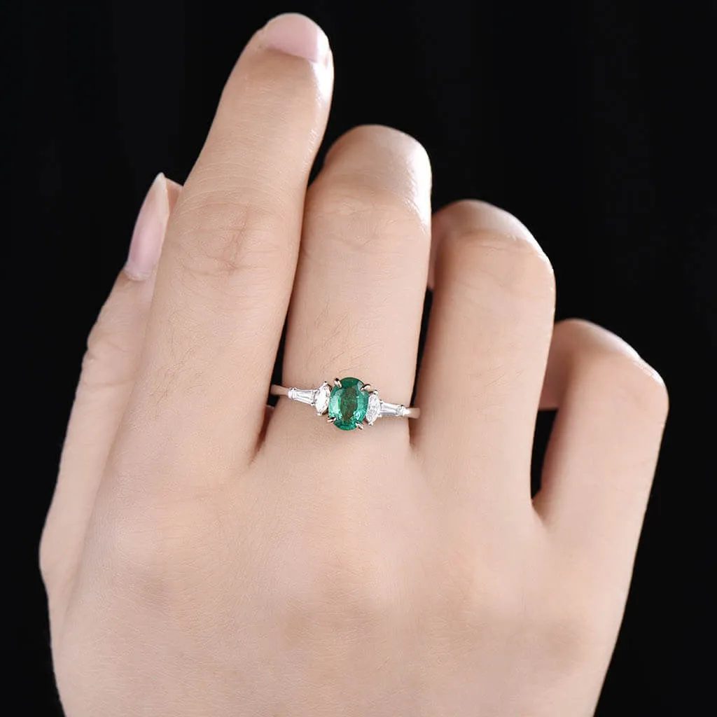 Two Tone Natural Oval Emerald Diamond Engagement Ring