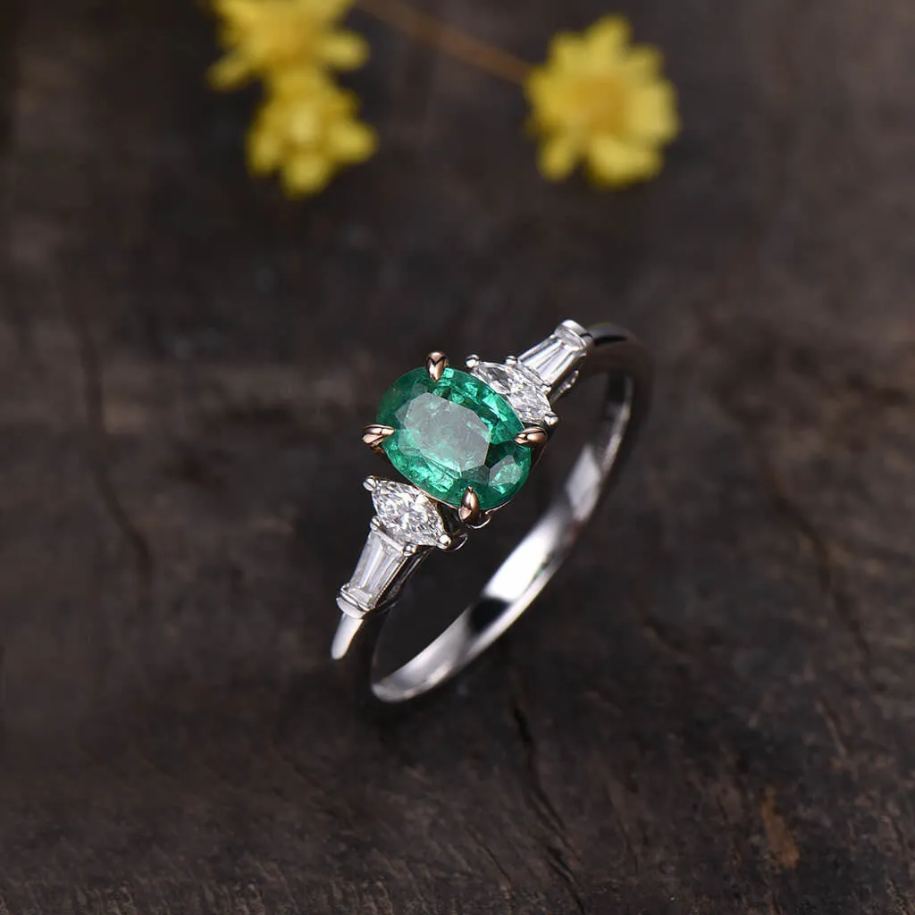 Two Tone Natural Oval Emerald Diamond Engagement Ring