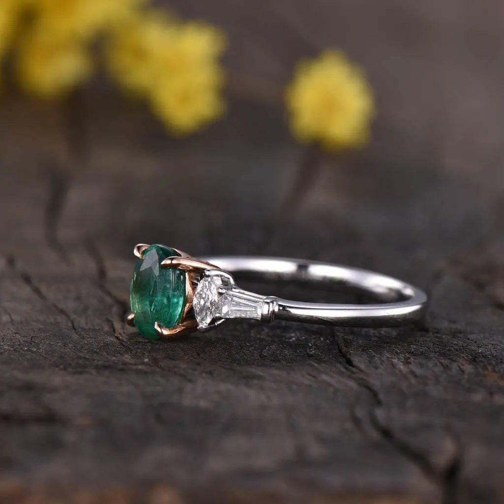 Two Tone Natural Oval Emerald Diamond Engagement Ring