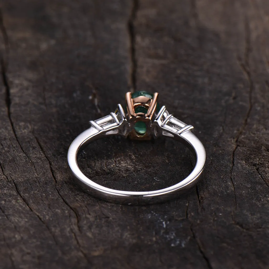 Two Tone Natural Oval Emerald Diamond Engagement Ring