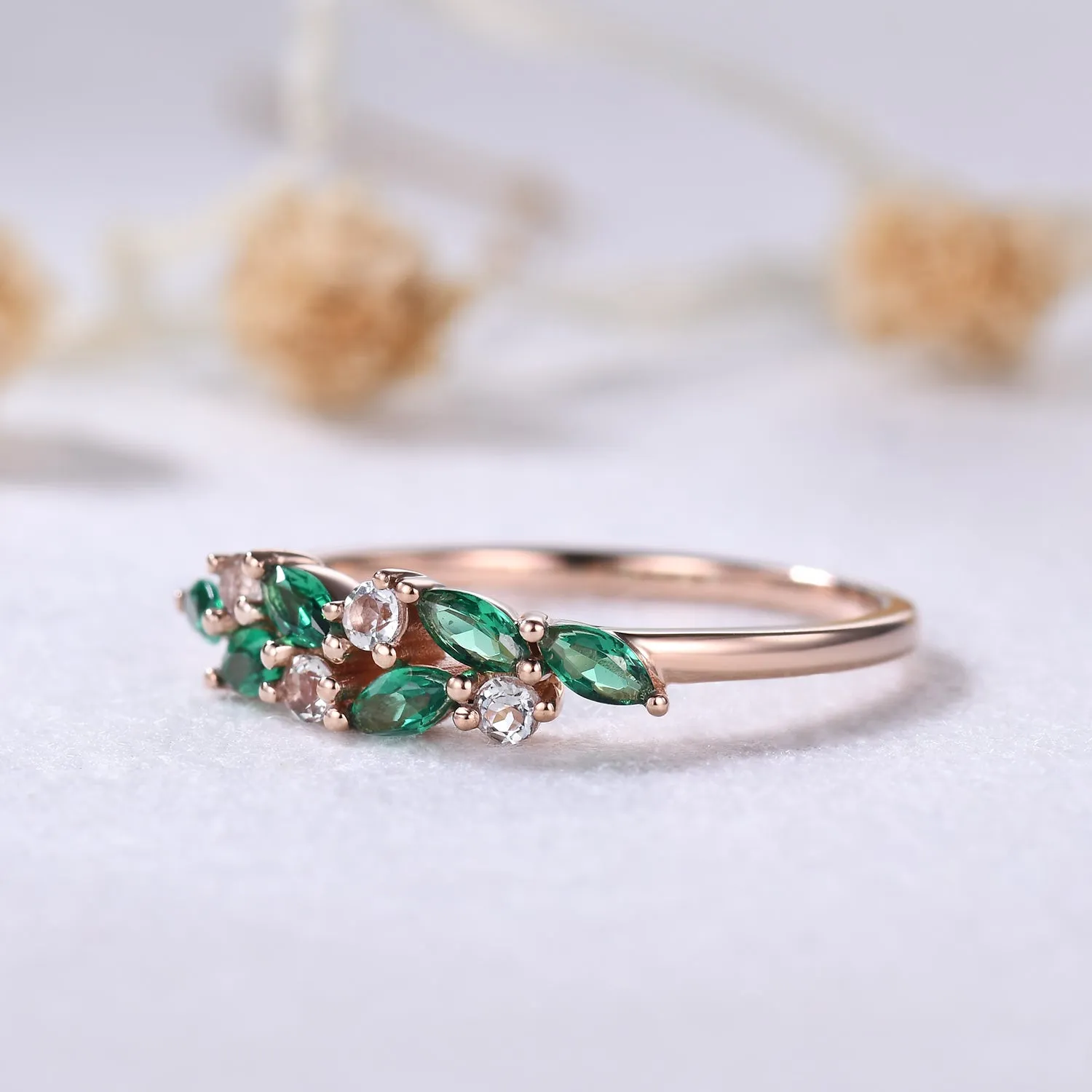 Unique Dainty Emerald Aquamarine Cluster Wedding Band 14k Rose Gold Ring for Mom
