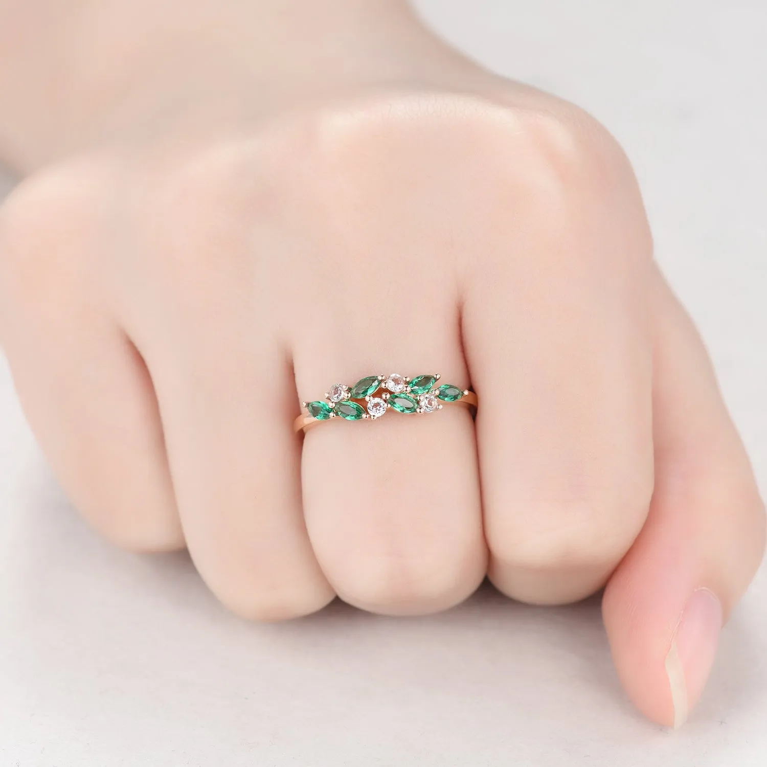 Unique Dainty Emerald Aquamarine Cluster Wedding Band 14k Rose Gold Ring for Mom