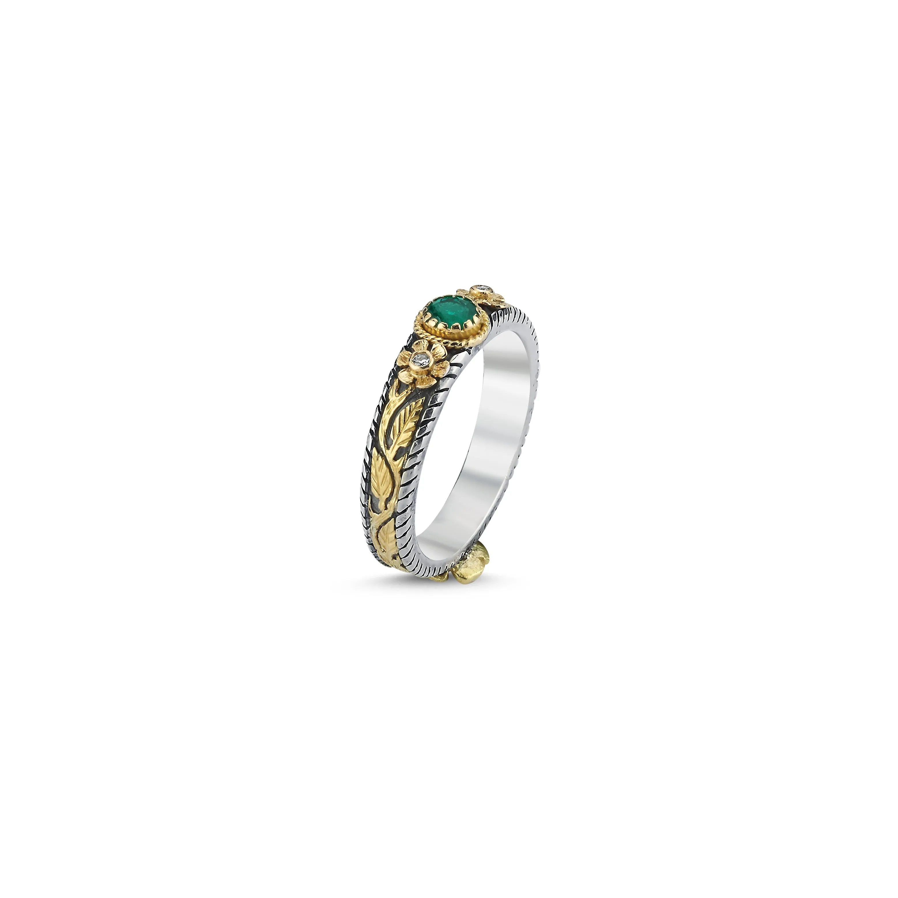 VALLETTA PRIMROSE TENDRIL FANCY BEZEL EMERALD RING