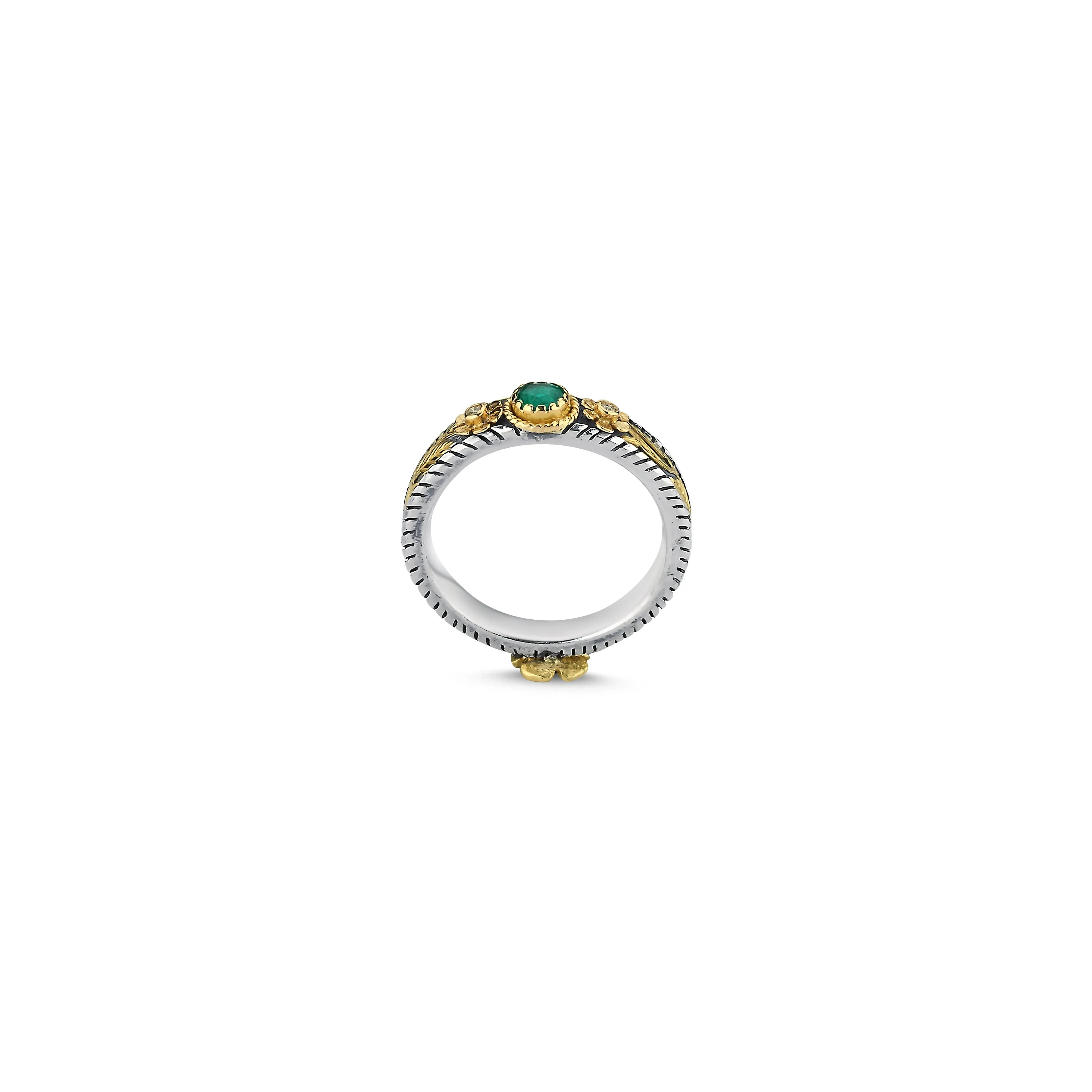 VALLETTA PRIMROSE TENDRIL FANCY BEZEL EMERALD RING