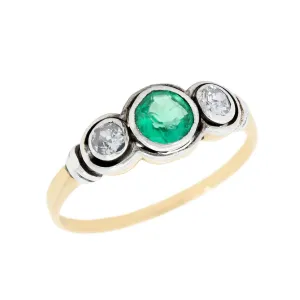 Victorian  14k/Sterling Silver Emerald and Diamond Three Stone Ring