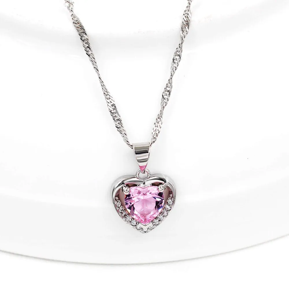Womens Pink CZ Crystal Double Heart Pendant Necklace Wedding Valentines Jewelry Gifts for Daughter Girlfriend Best Friend (Pink)